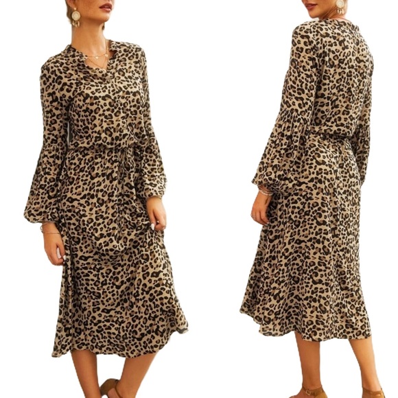 Tan Leopard Animal Boho Print Midi Shirt Dress - Picture 2 of 3